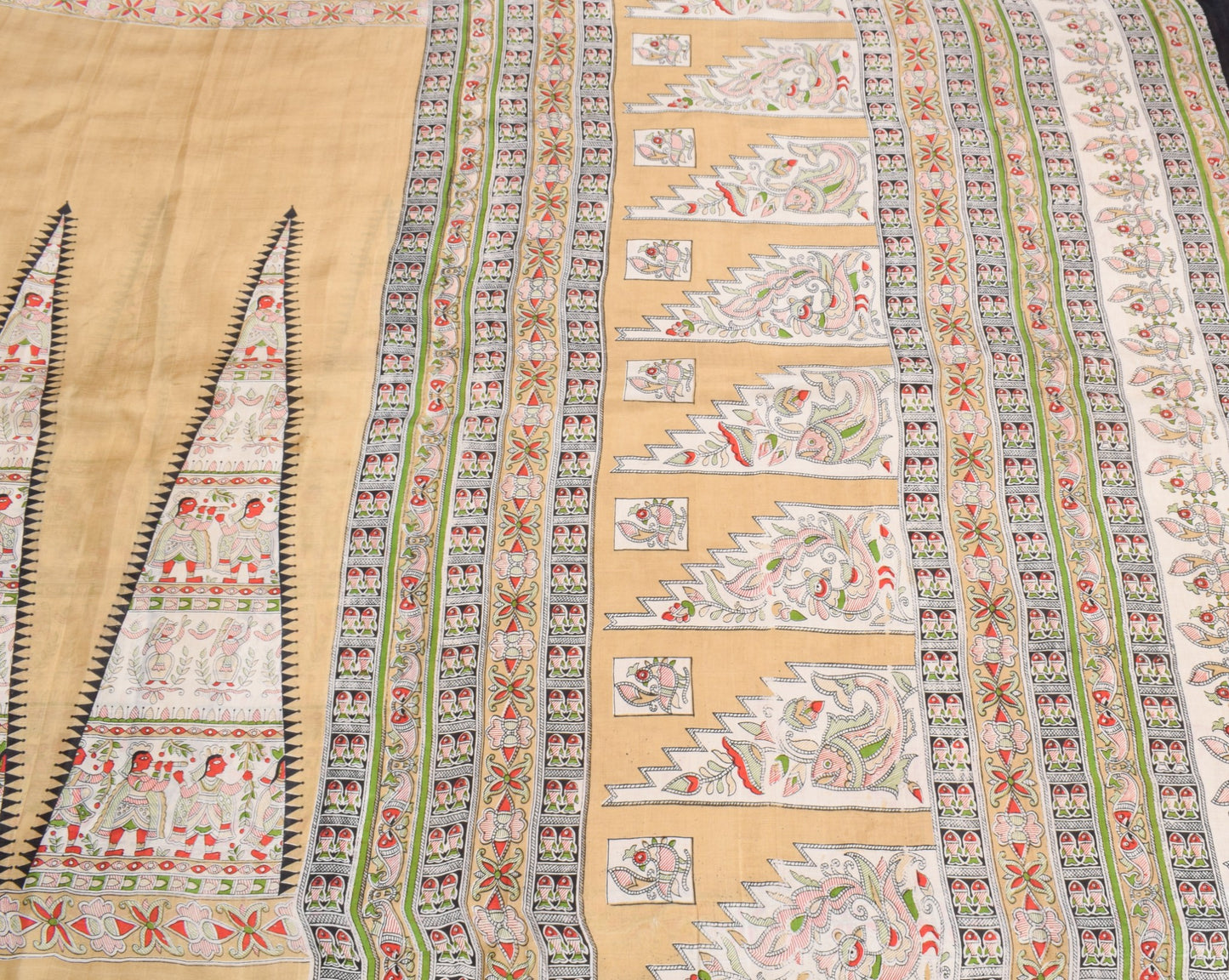 Sushila Vintage Brown Sari Pure Madhubani HandBrush Print Silk 6YD Soft Saree