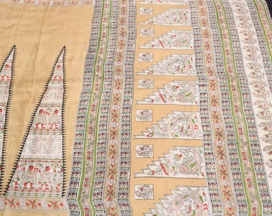 Sushila Vintage Brown Sari Pure Madhubani HandBrush Print Silk 6YD Soft Saree