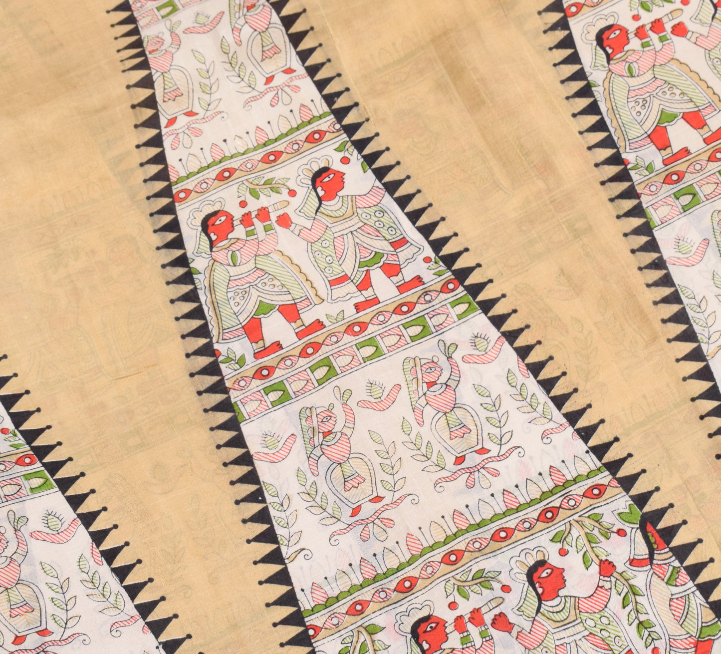 Sushila Vintage Brown Sari Pure Madhubani HandBrush Print Silk 6YD Soft Saree