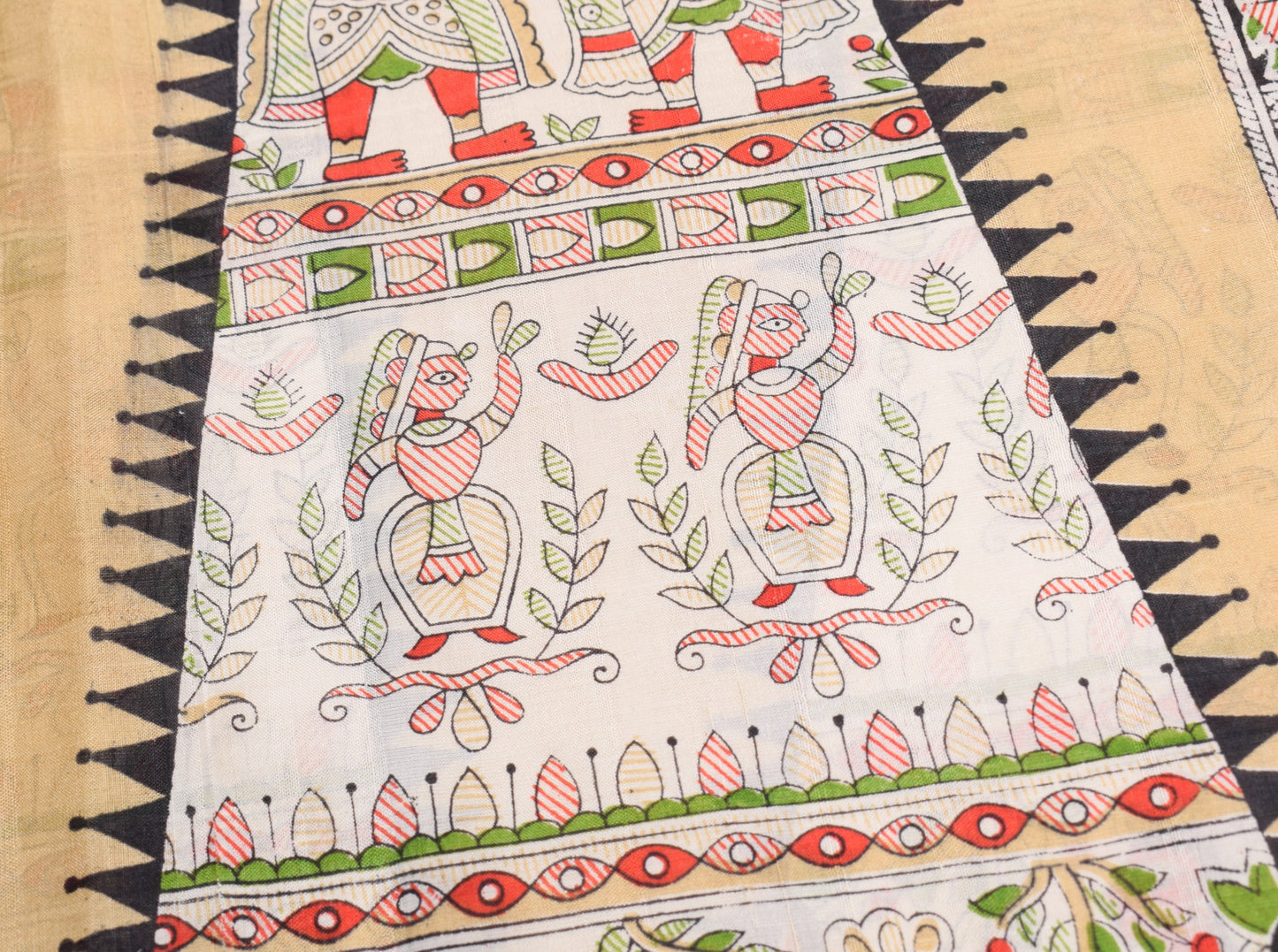 Sushila Vintage Brown Sari Pure Madhubani HandBrush Print Silk 6YD Soft Saree