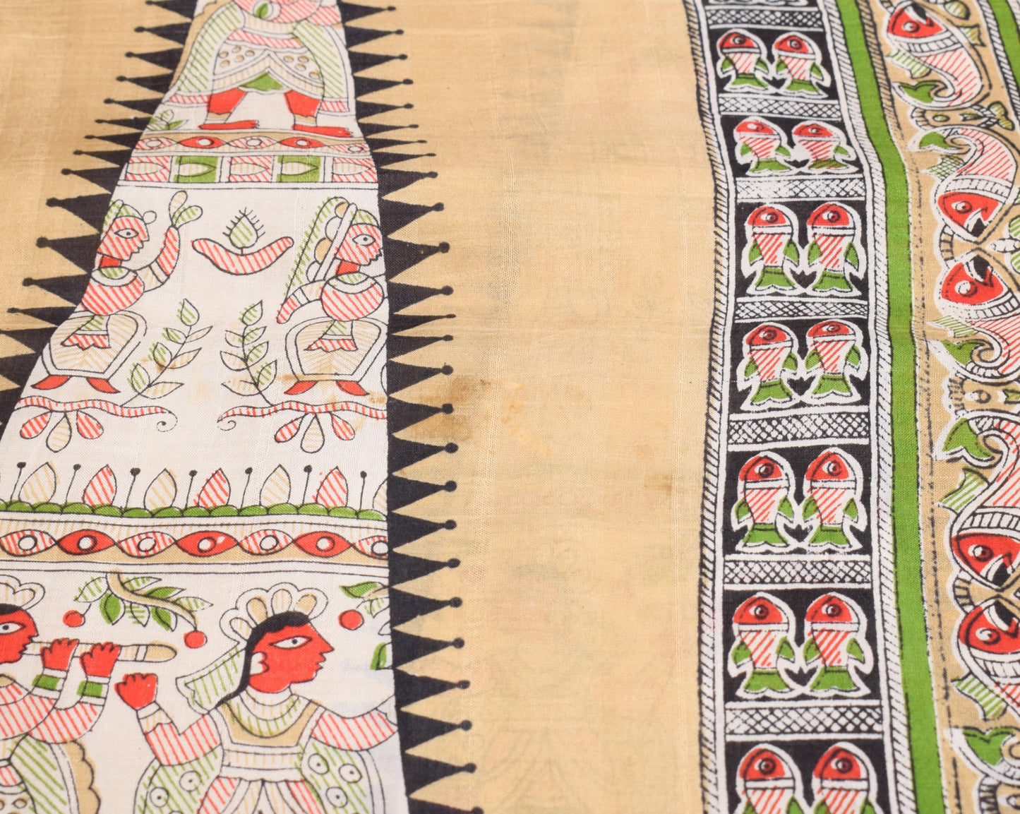 Sushila Vintage Brown Sari Pure Madhubani HandBrush Print Silk 6YD Soft Saree