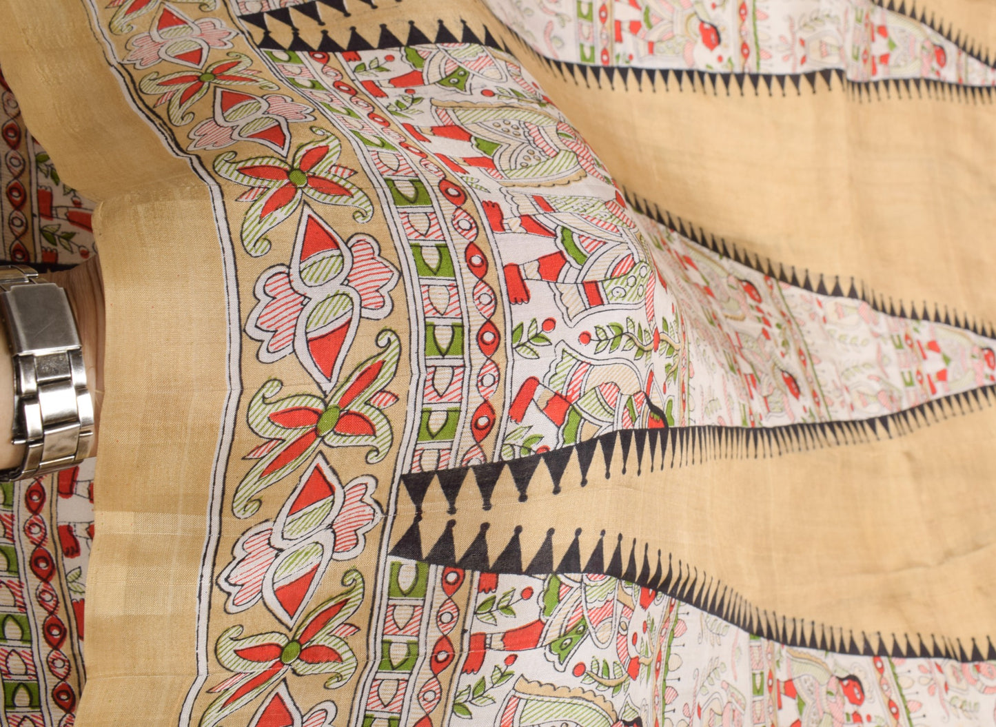 Sushila Vintage Brown Sari Pure Madhubani HandBrush Print Silk 6YD Soft Saree