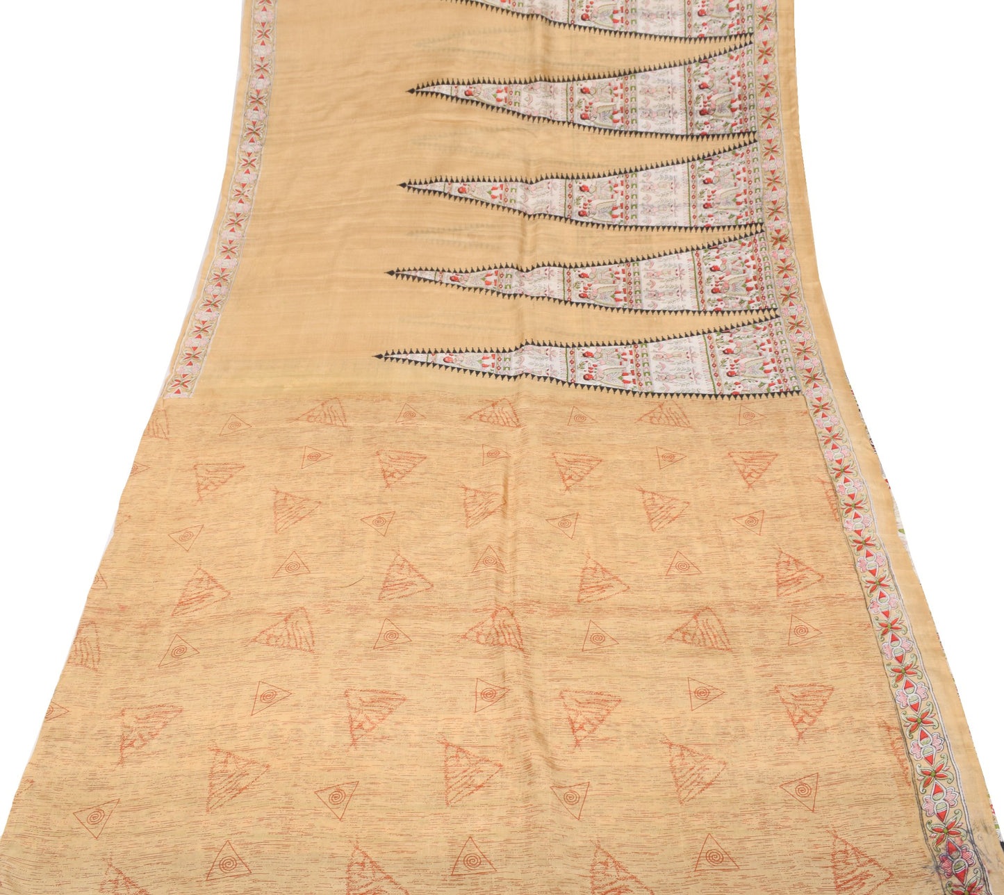Sushila Vintage Brown Sari Pure Madhubani HandBrush Print Silk 6YD Soft Saree