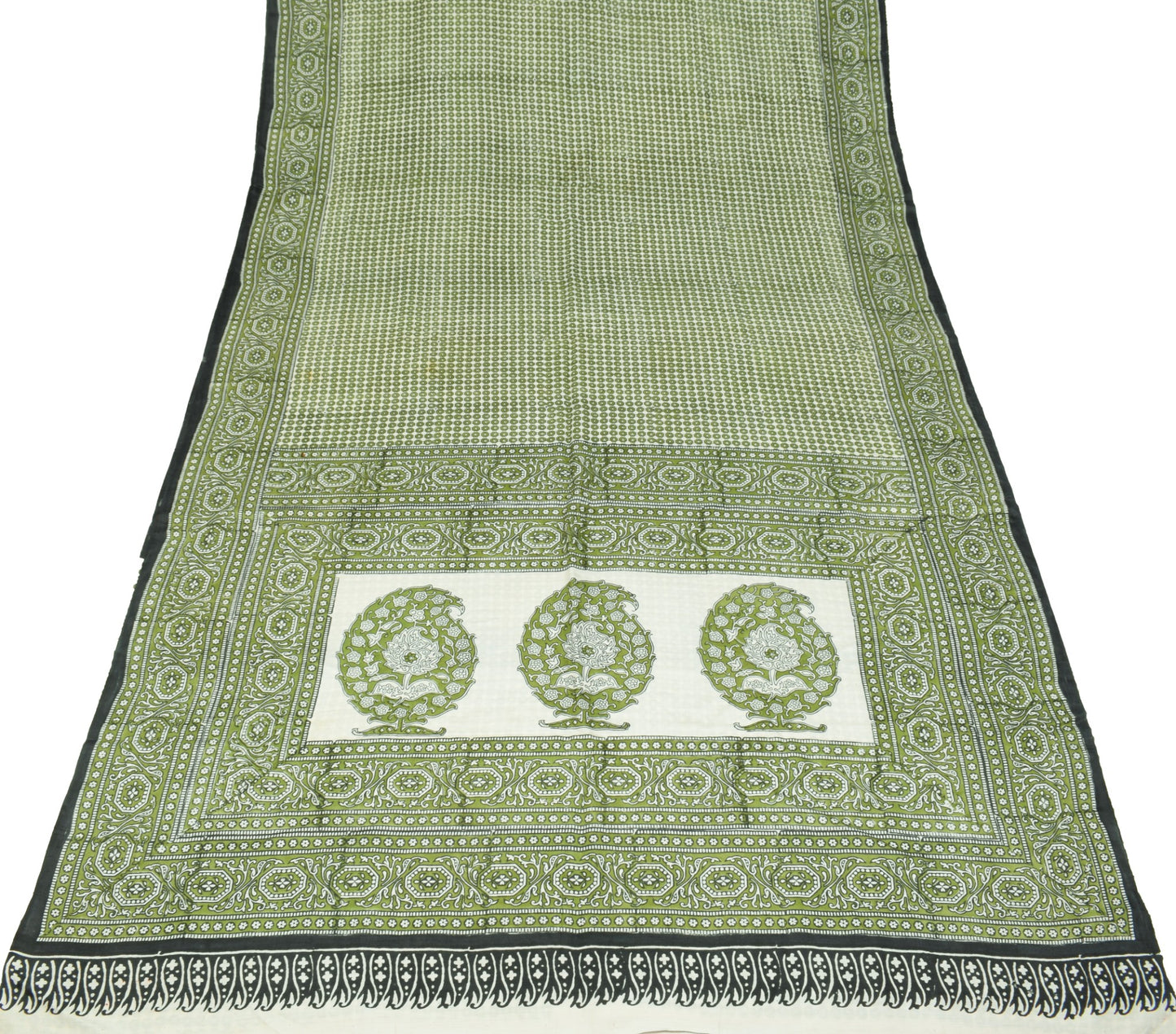 Sushila Vintage White Green Saree Pure Silk Hand Block Printed Soft Craft Fabric