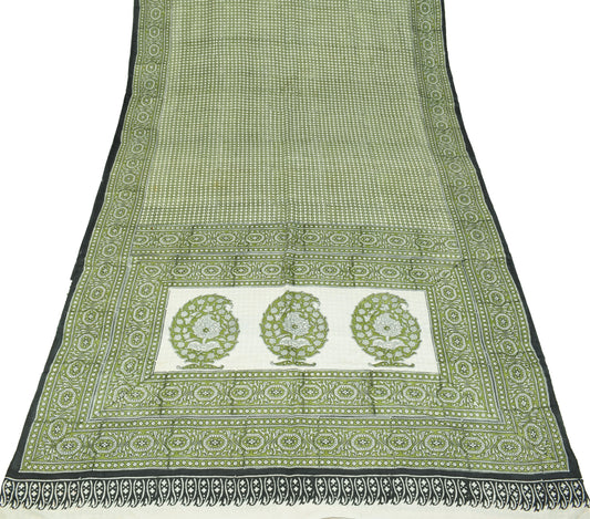 Sushila Vintage White Green Saree Pure Silk Hand Block Printed Soft Craft Fabric