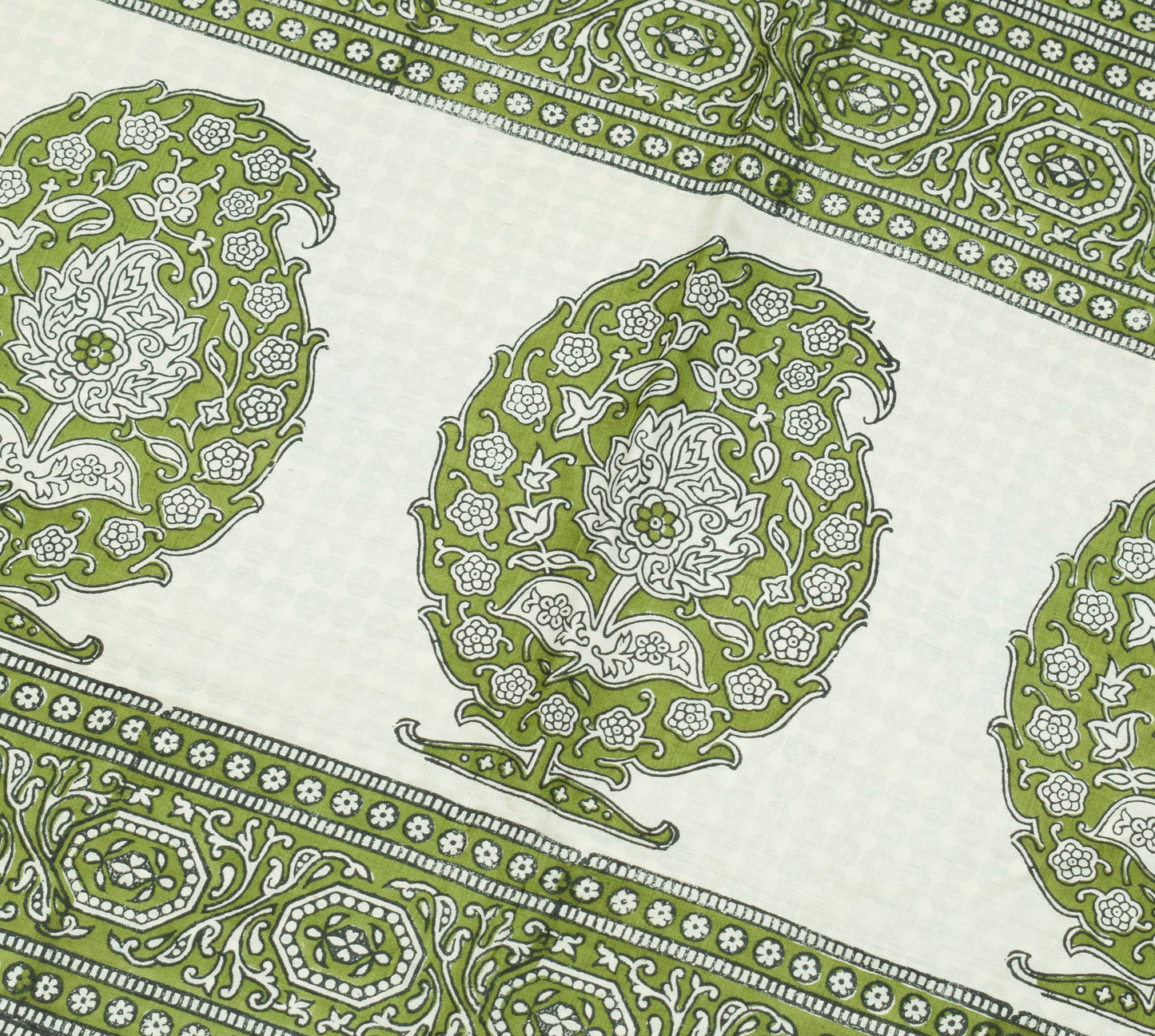 Sushila Vintage White Green Saree Pure Silk Hand Block Printed Soft Craft Fabric