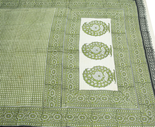 Sushila Vintage White Green Saree Pure Silk Hand Block Printed Soft Craft Fabric