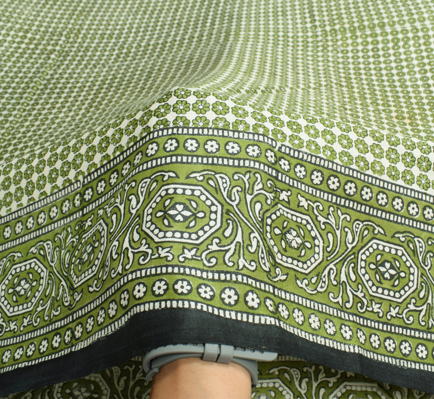 Sushila Vintage White Green Saree Pure Silk Hand Block Printed Soft Craft Fabric