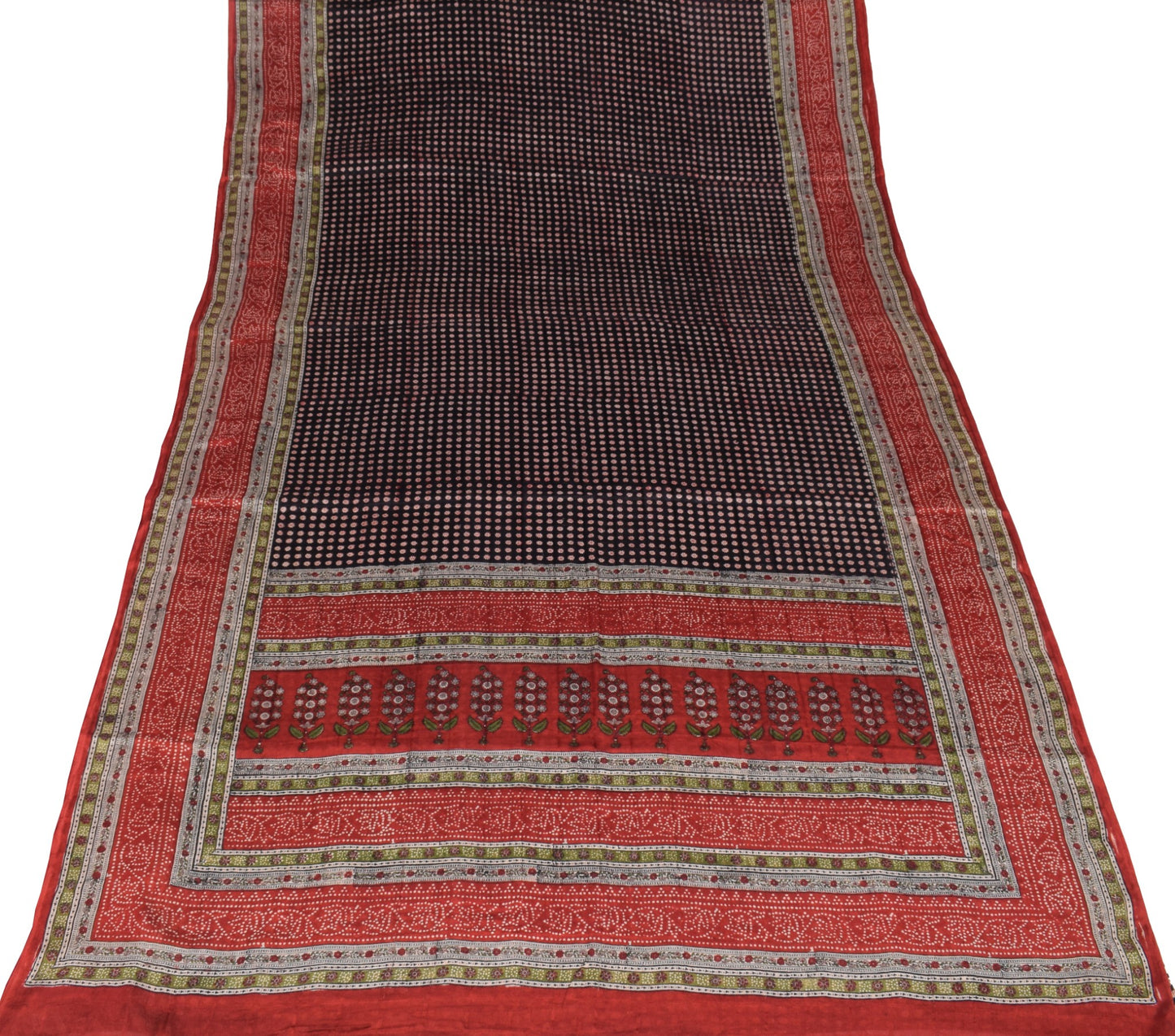 Sushila Vintage Black Red Saree Pure Silk Hand Block Floral Soft Craft Fabric