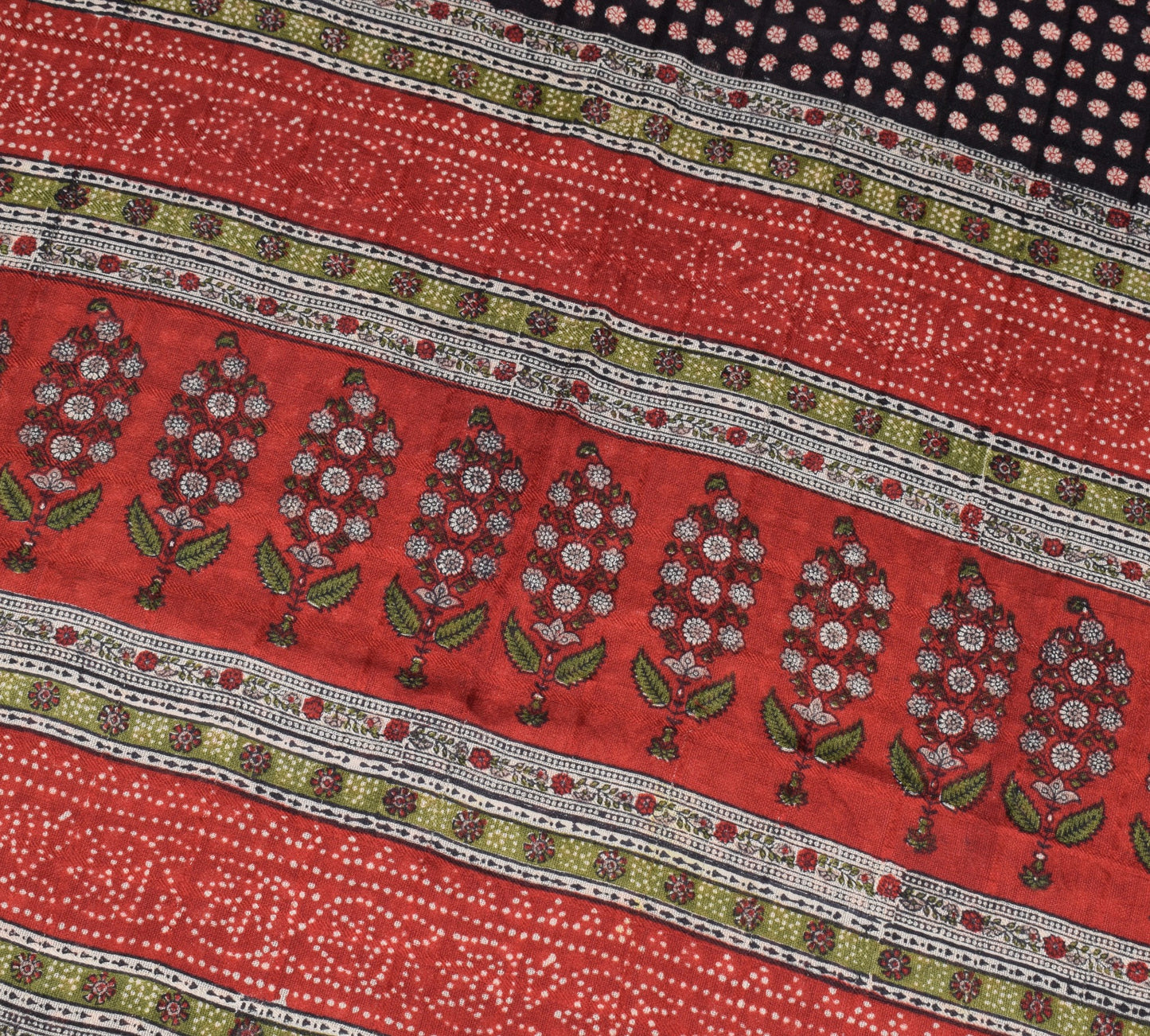 Sushila Vintage Black Red Saree Pure Silk Hand Block Floral Soft Craft Fabric