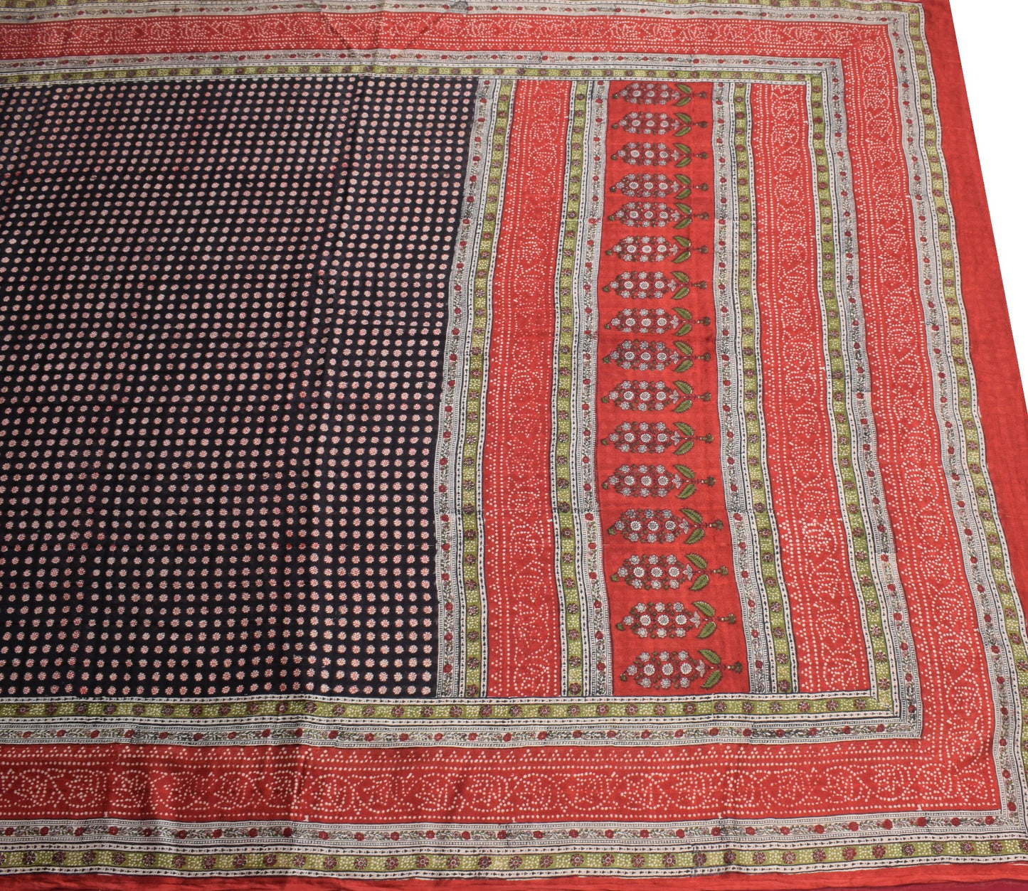 Sushila Vintage Black Red Saree Pure Silk Hand Block Floral Soft Craft Fabric
