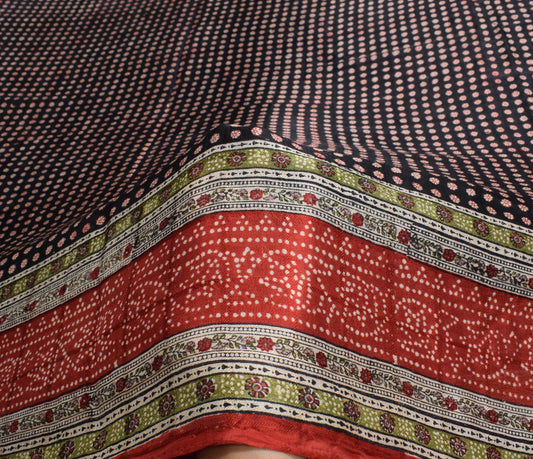 Sushila Vintage Black Red Saree Pure Silk Hand Block Floral Soft Craft Fabric