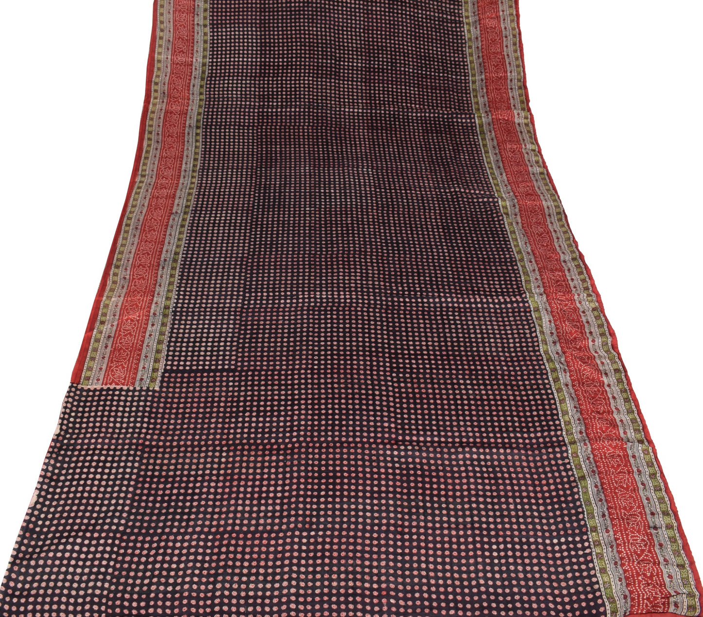 Sushila Vintage Black Red Saree Pure Silk Hand Block Floral Soft Craft Fabric