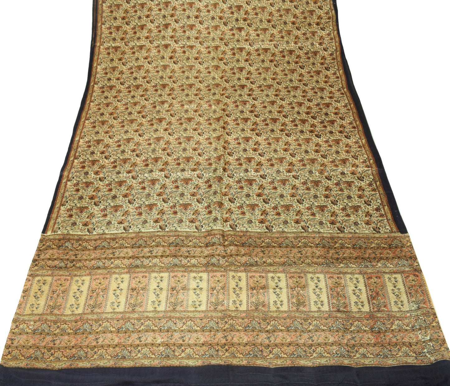 Sushila Vintage Cream Saree Floral 100% Pure Silk Printed Soft Craft Fabric