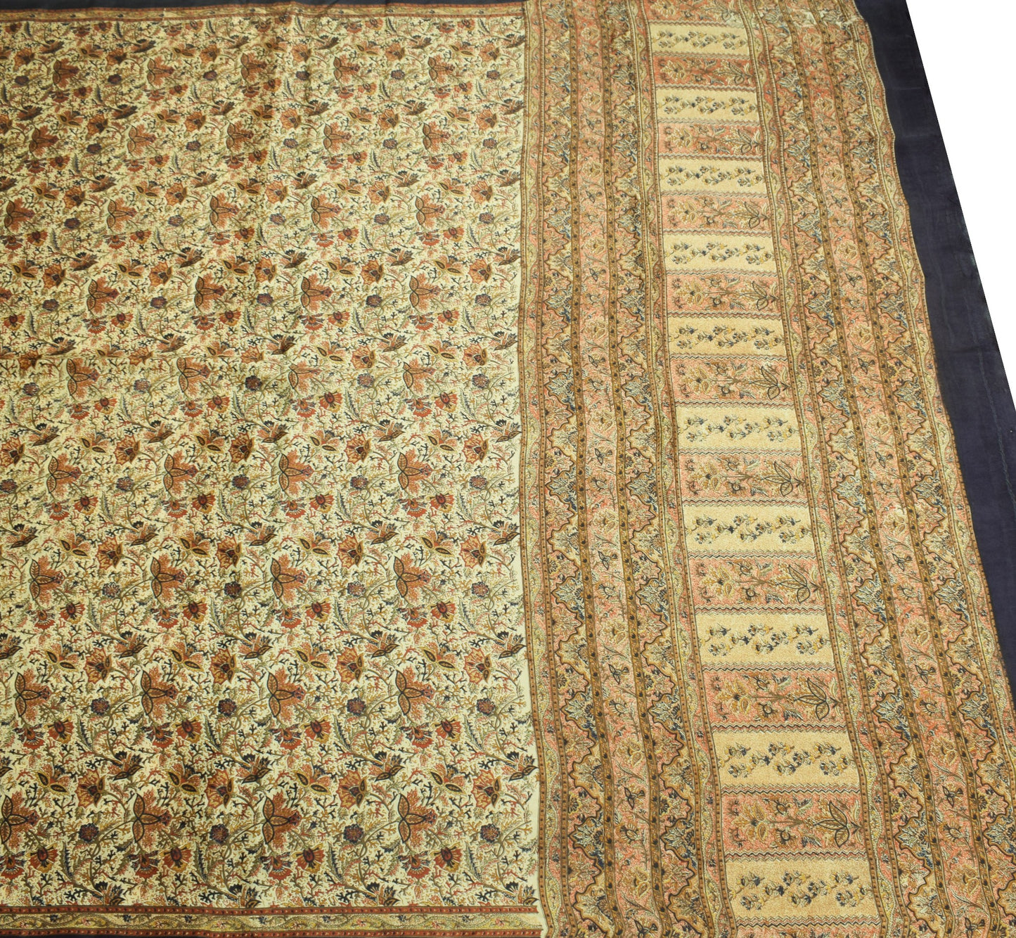 Sushila Vintage Cream Saree Floral 100% Pure Silk Printed Soft Craft Fabric
