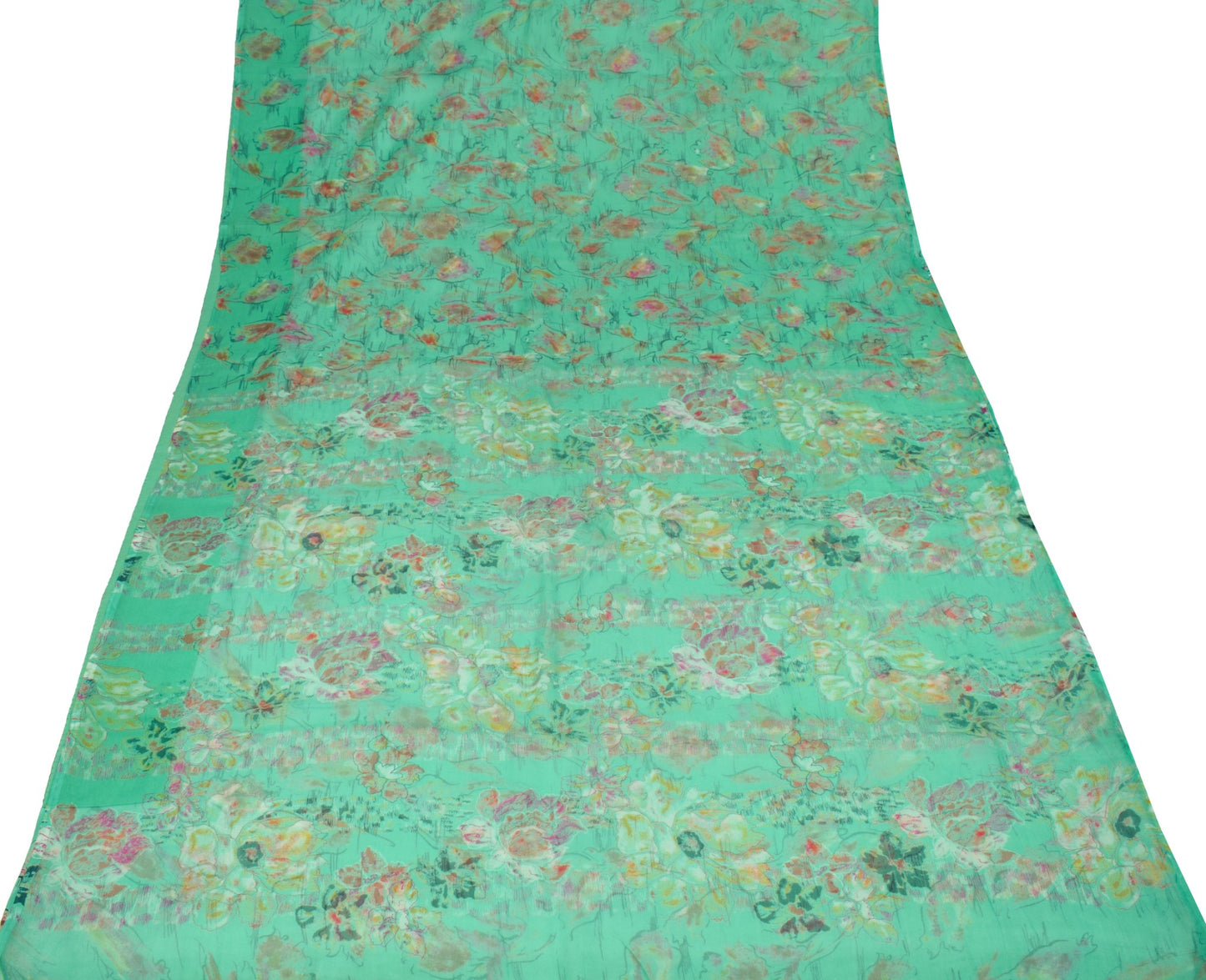 Sushila Vintage Aqua Green Saree Pure Chiffon Silk Printed Floral Soft Fabric