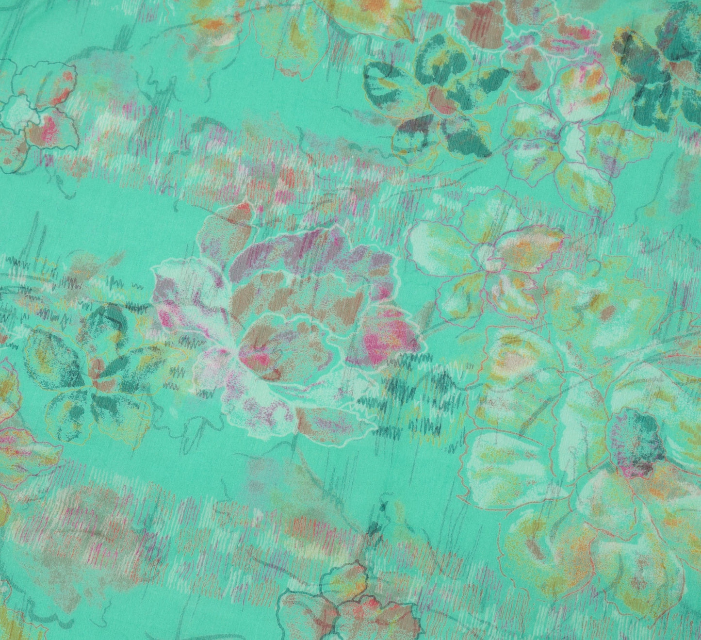 Sushila Vintage Aqua Green Saree Pure Chiffon Silk Printed Floral Soft Fabric