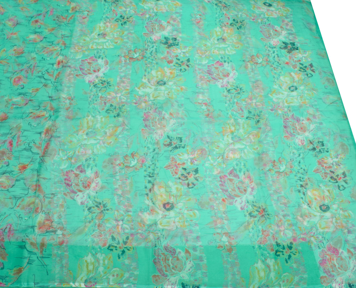 Sushila Vintage Aqua Green Saree Pure Chiffon Silk Printed Floral Soft Fabric