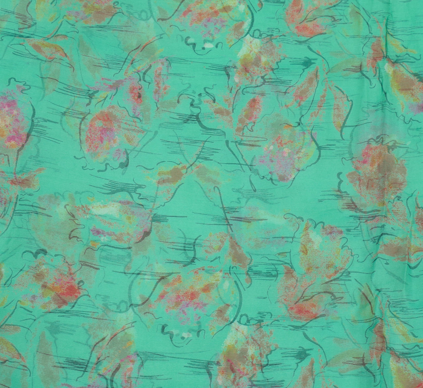 Sushila Vintage Aqua Green Saree Pure Chiffon Silk Printed Floral Soft Fabric