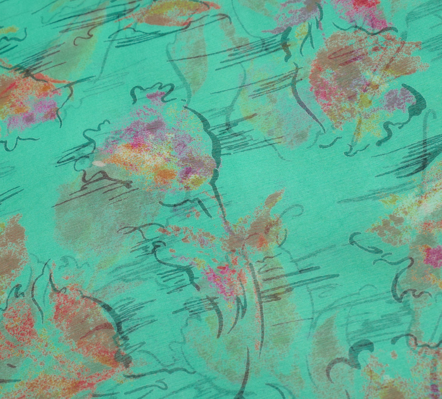 Sushila Vintage Aqua Green Saree Pure Chiffon Silk Printed Floral Soft Fabric