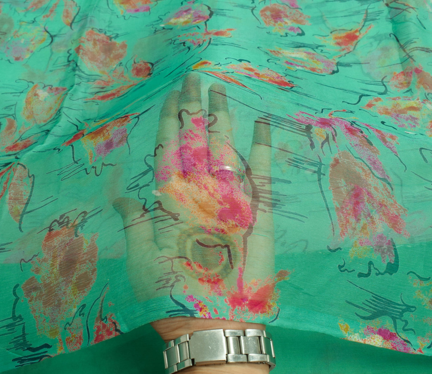 Sushila Vintage Aqua Green Saree Pure Chiffon Silk Printed Floral Soft Fabric