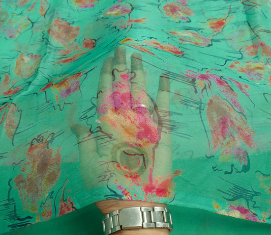 Sushila Vintage Aqua Green Saree Pure Chiffon Silk Printed Floral Soft Fabric