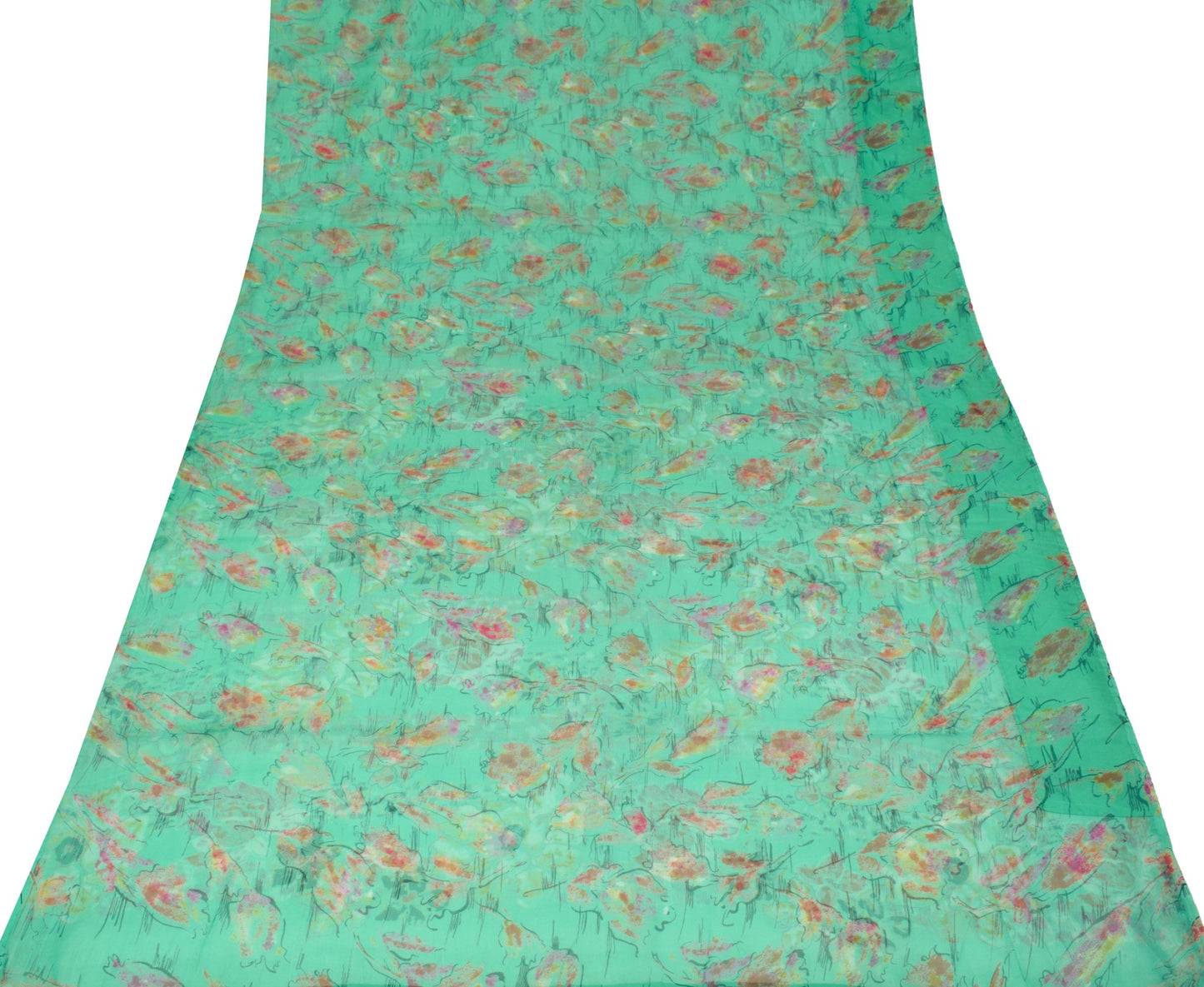 Sushila Vintage Aqua Green Saree Pure Chiffon Silk Printed Floral Soft Fabric
