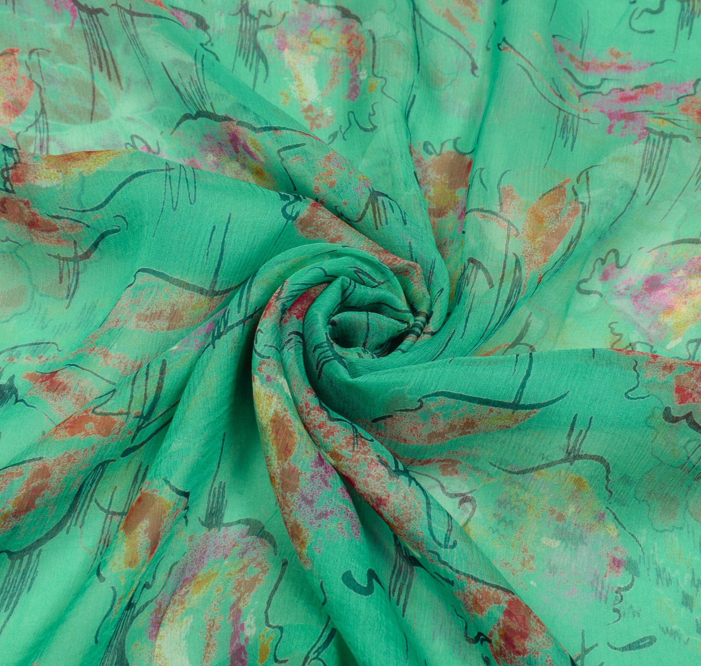 Sushila Vintage Aqua Green Saree Pure Chiffon Silk Printed Floral Soft Fabric