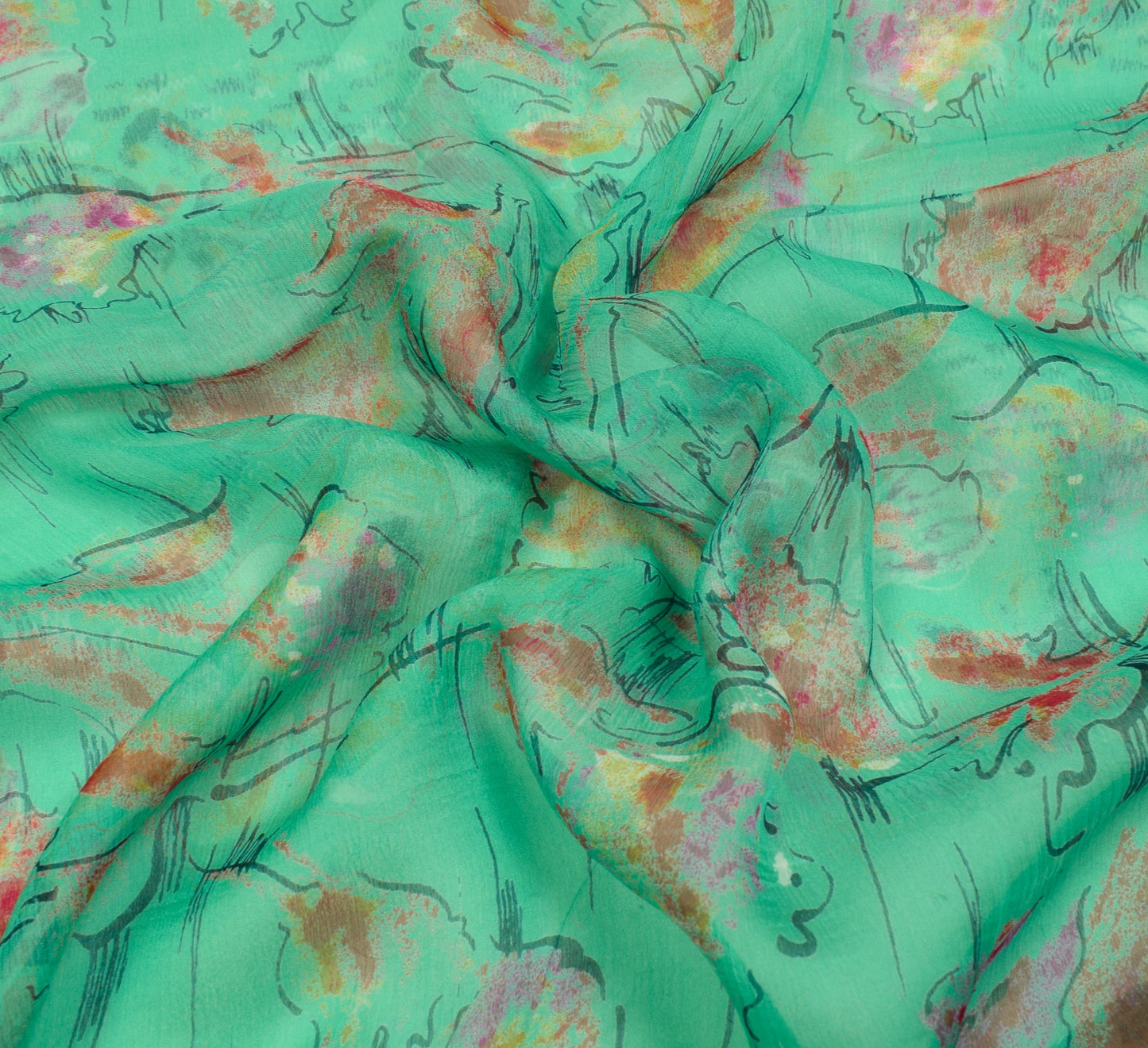 Sushila Vintage Aqua Green Saree Pure Chiffon Silk Printed Floral Soft Fabric