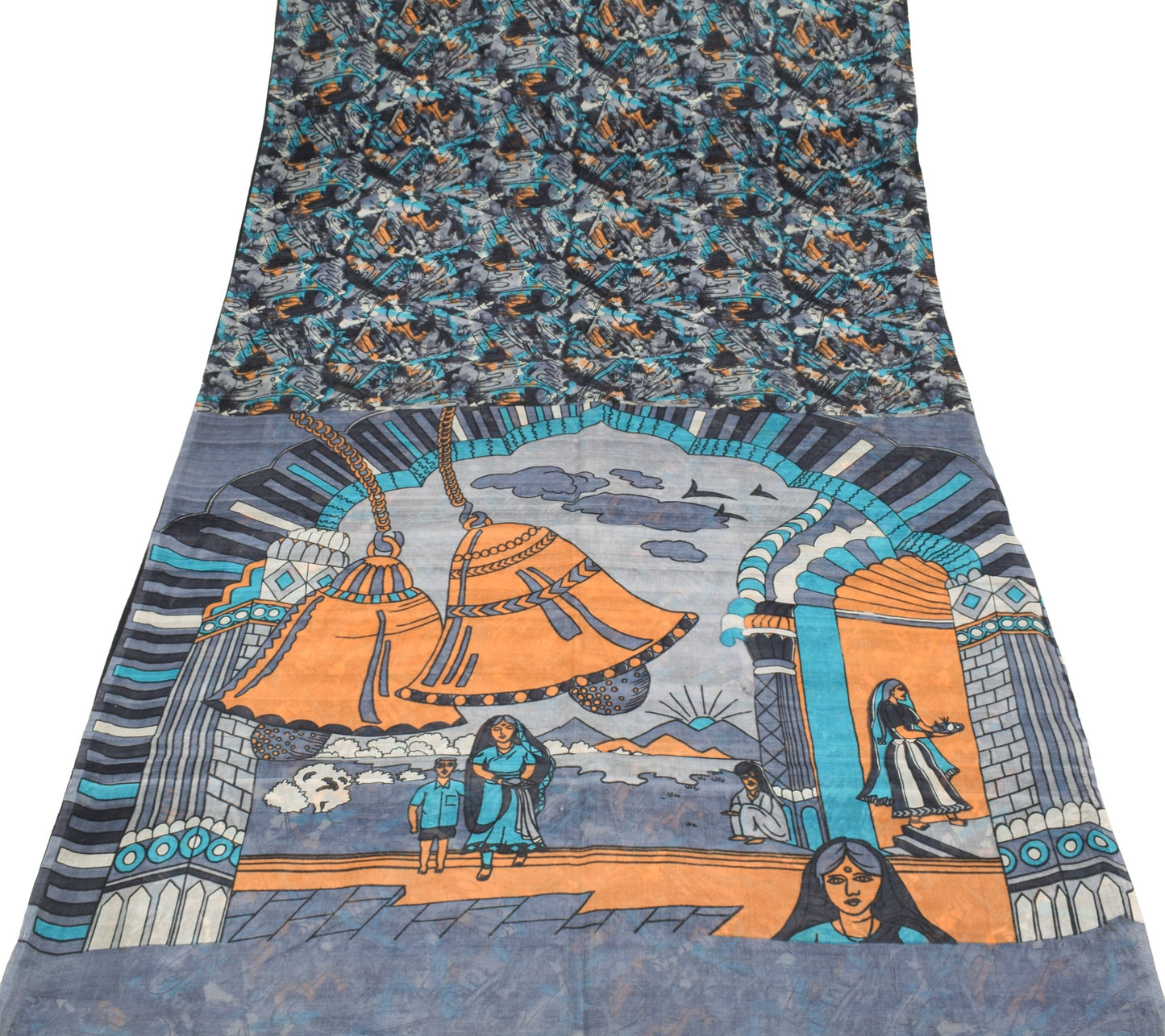 Sushila Vintage Antique Print Gray Saree 100% Pure Silk Indian Sari Craft Fabric