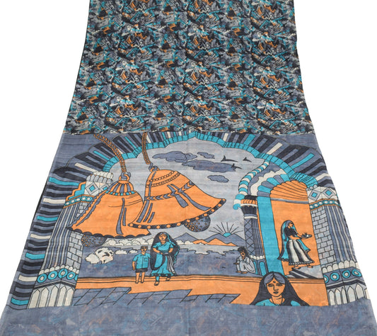 Sushila Vintage Antique Print Gray Saree 100% Pure Silk Indian Sari Craft Fabric
