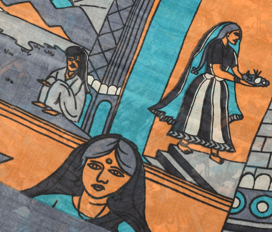 Sushila Vintage Antique Print Gray Saree 100% Pure Silk Indian Sari Craft Fabric