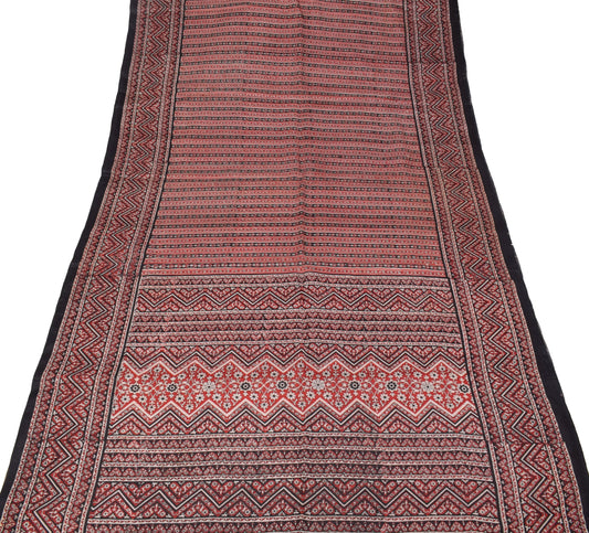 Sushila Vintage Red Black Saree Pure Silk Hand Block Print Floral Soft 6YDFabric