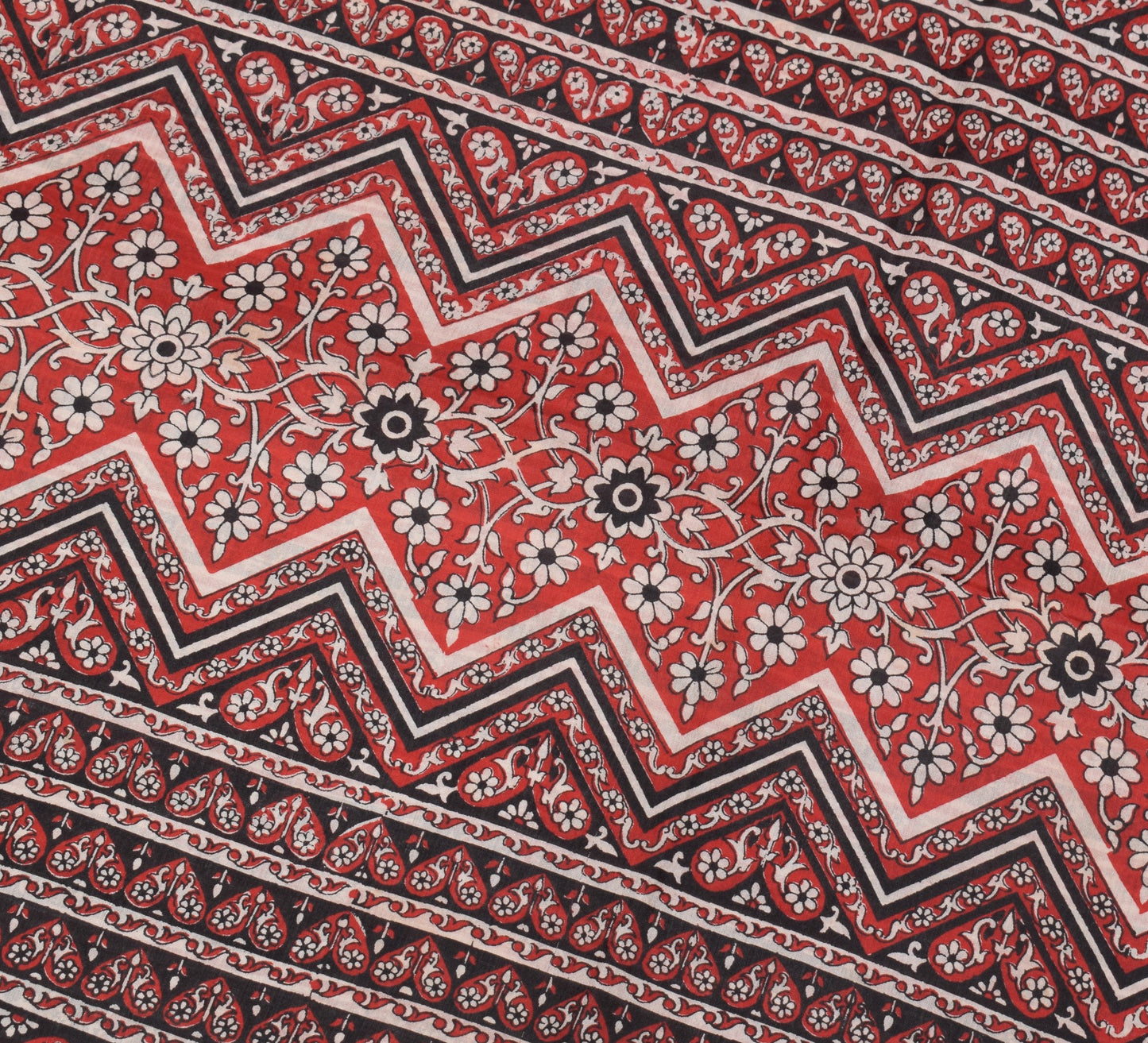 Sushila Vintage Red Black Saree Pure Silk Hand Block Print Floral Soft 6YDFabric