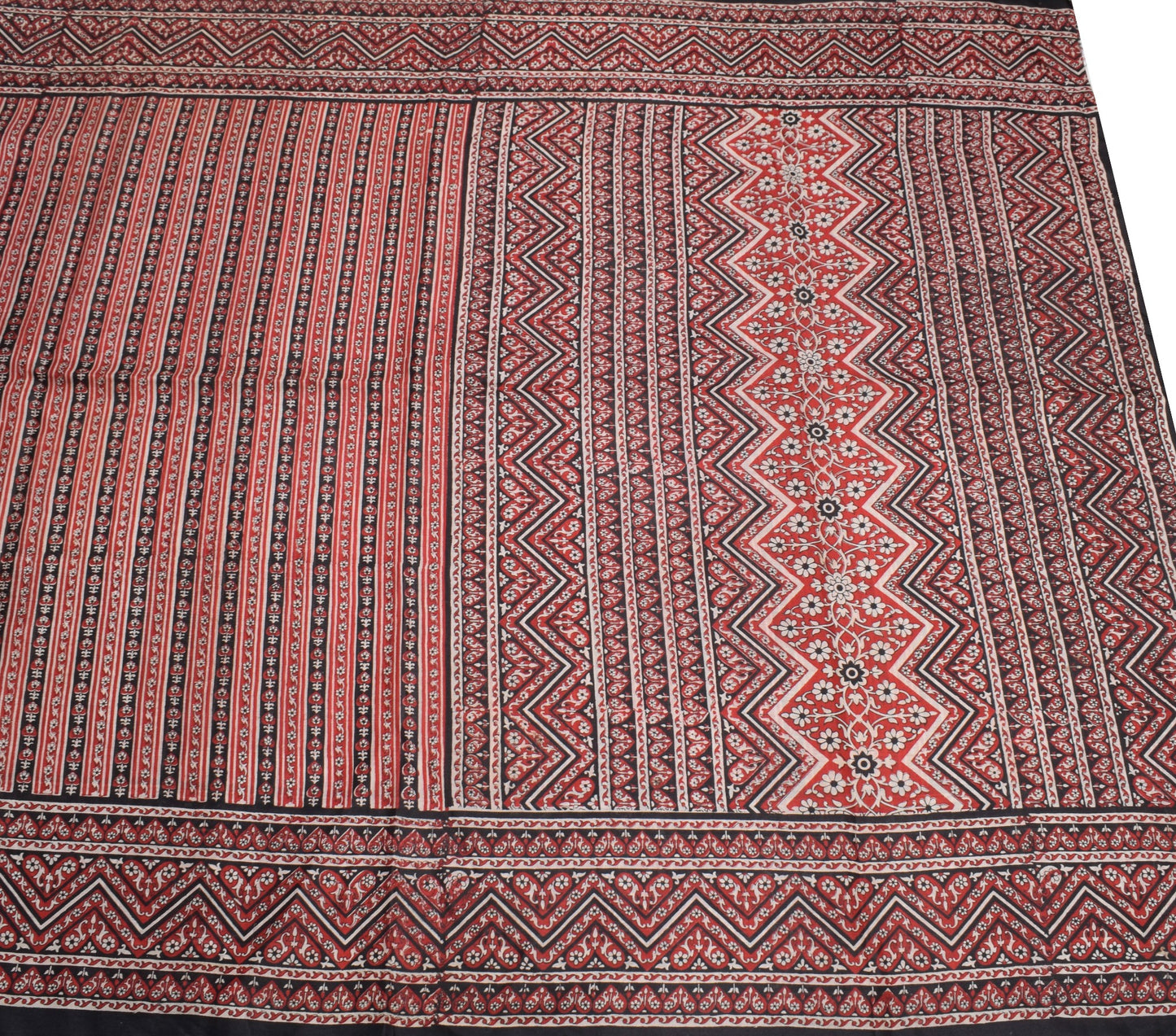 Sushila Vintage Red Black Saree Pure Silk Hand Block Print Floral Soft 6YDFabric