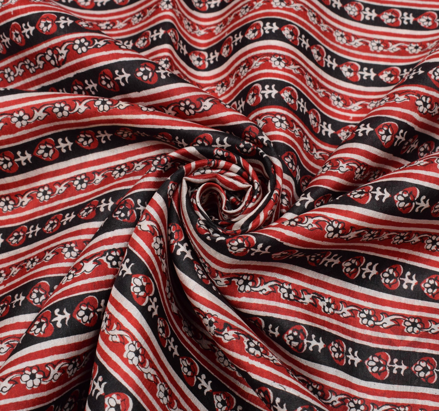 Sushila Vintage Red Black Saree Pure Silk Hand Block Print Floral Soft 6YDFabric