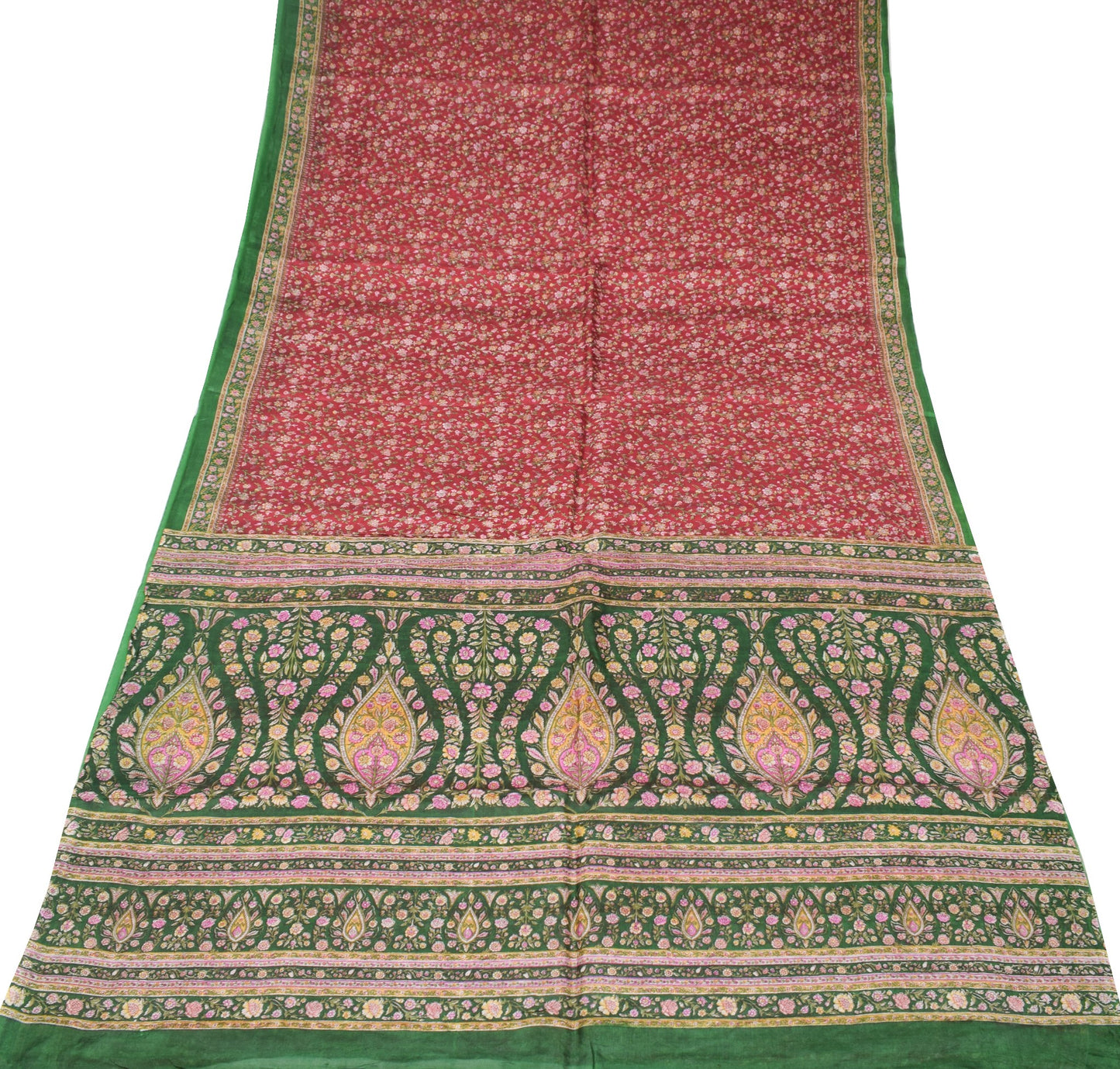 Sushila Vintage Maroon Saree Green Pallu Border Pure Silk Print Floral 6YD Sari
