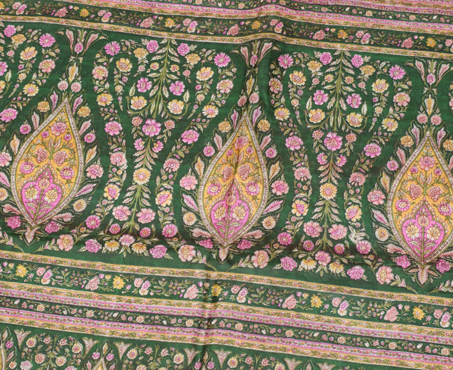 Sushila Vintage Maroon Saree Green Pallu Border Pure Silk Print Floral 6YD Sari