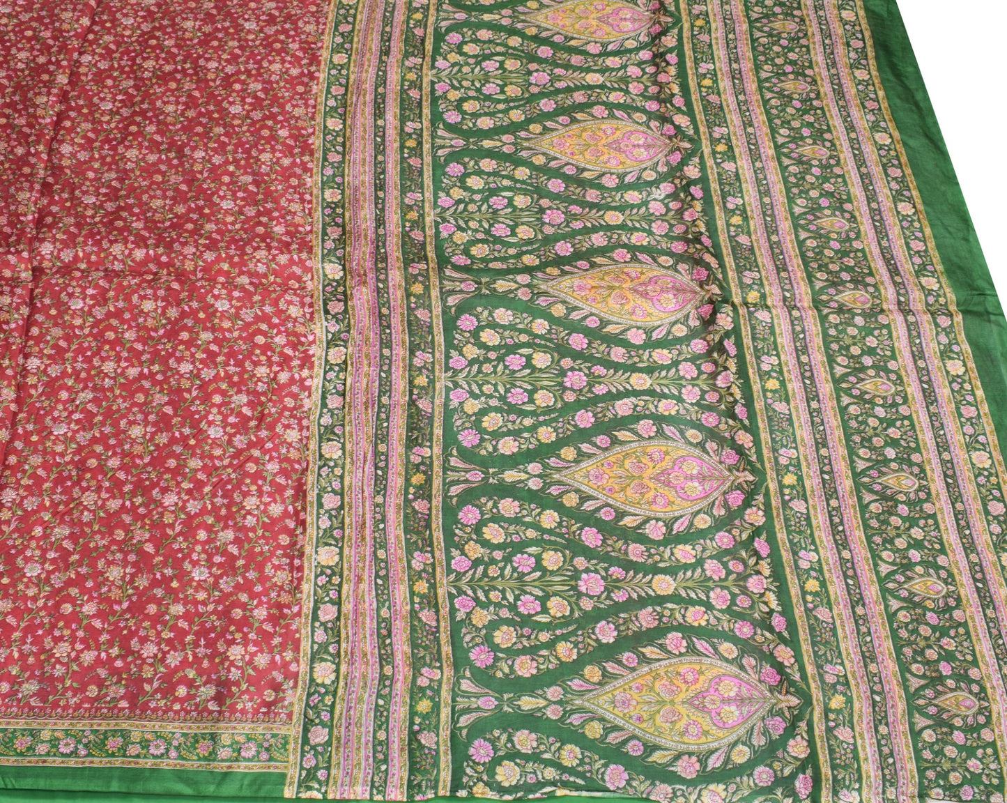 Sushila Vintage Maroon Saree Green Pallu Border Pure Silk Print Floral 6YD Sari