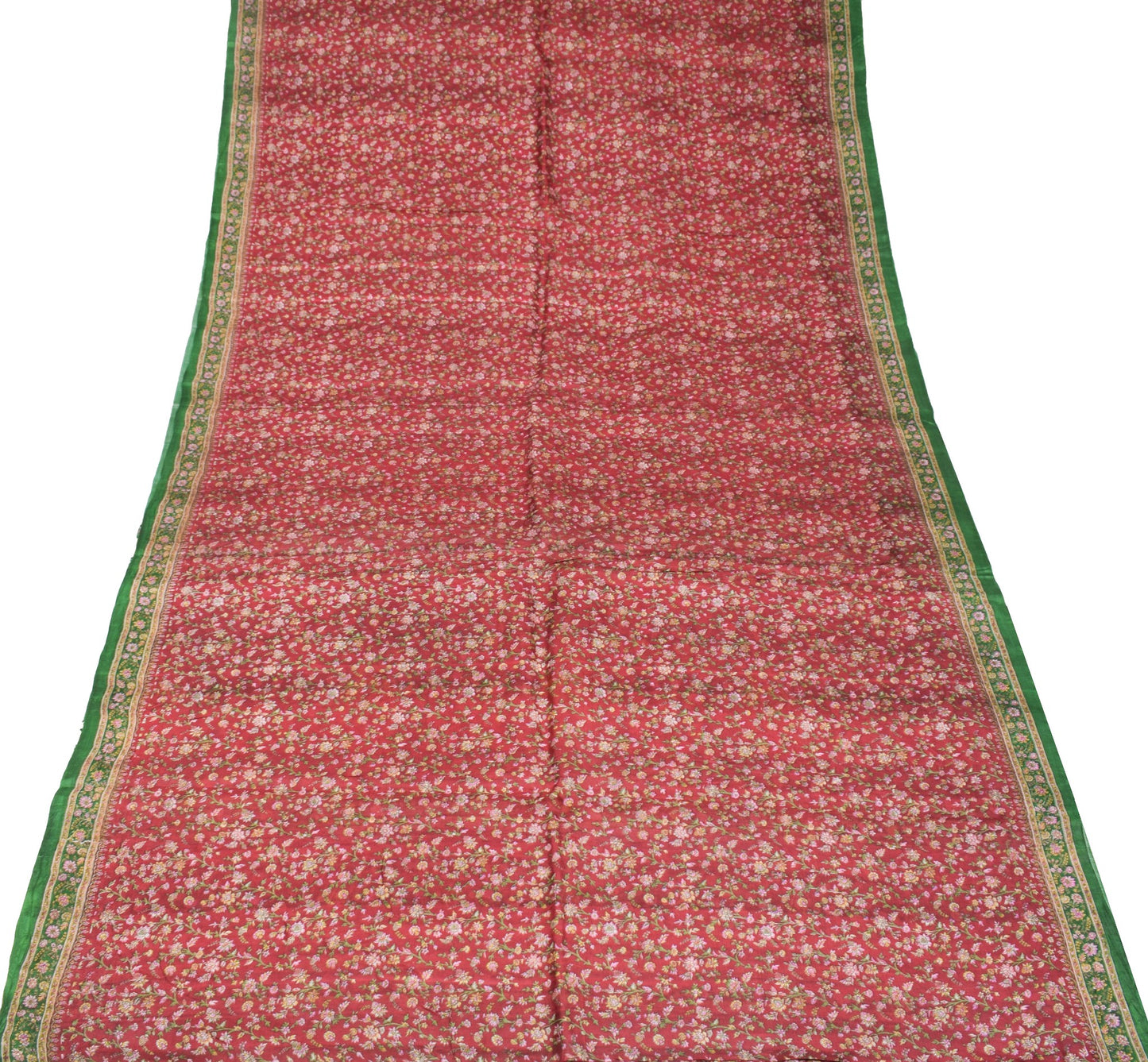 Sushila Vintage Maroon Saree Green Pallu Border Pure Silk Print Floral 6YD Sari