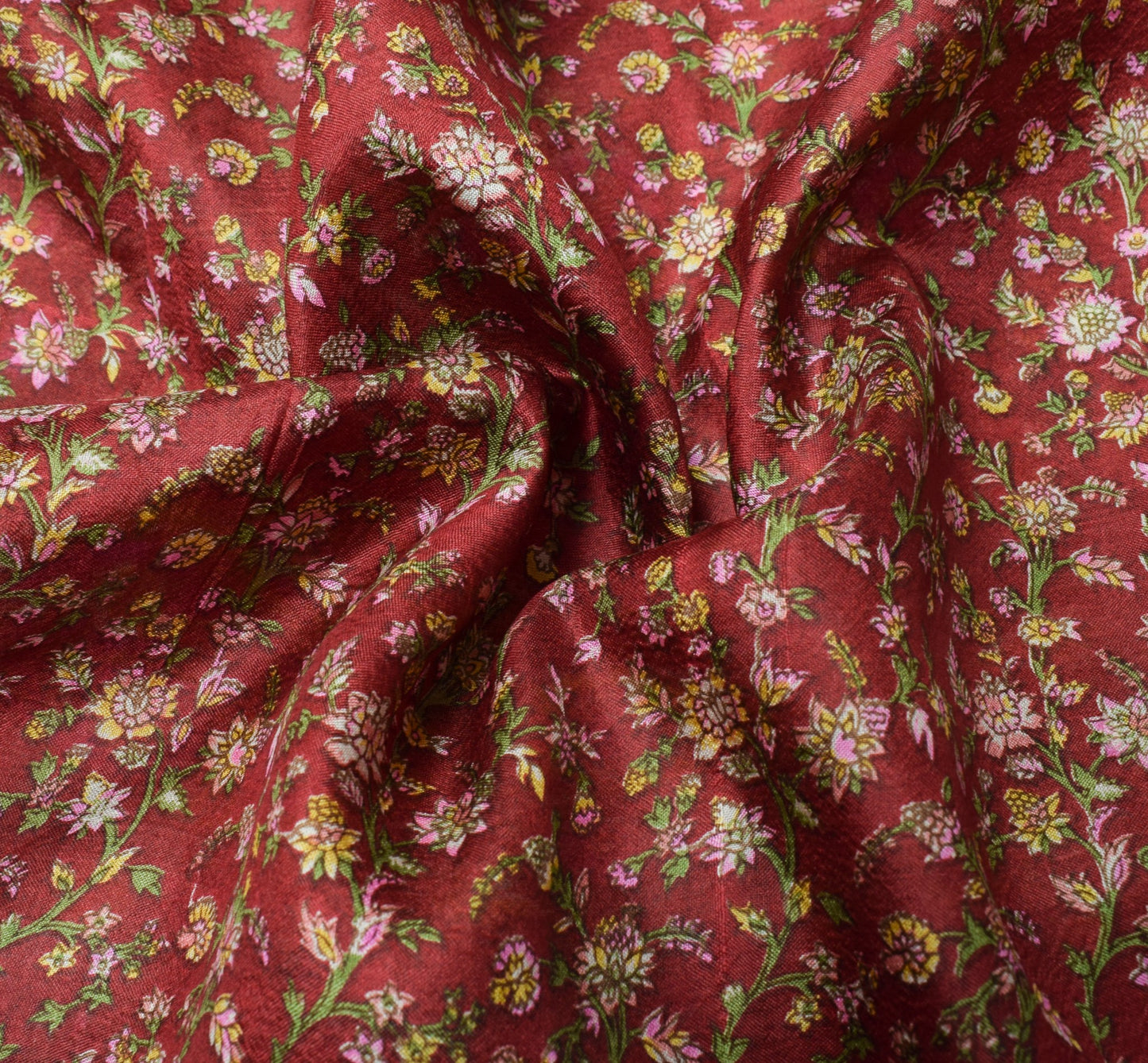 Sushila Vintage Maroon Saree Green Pallu Border Pure Silk Print Floral 6YD Sari