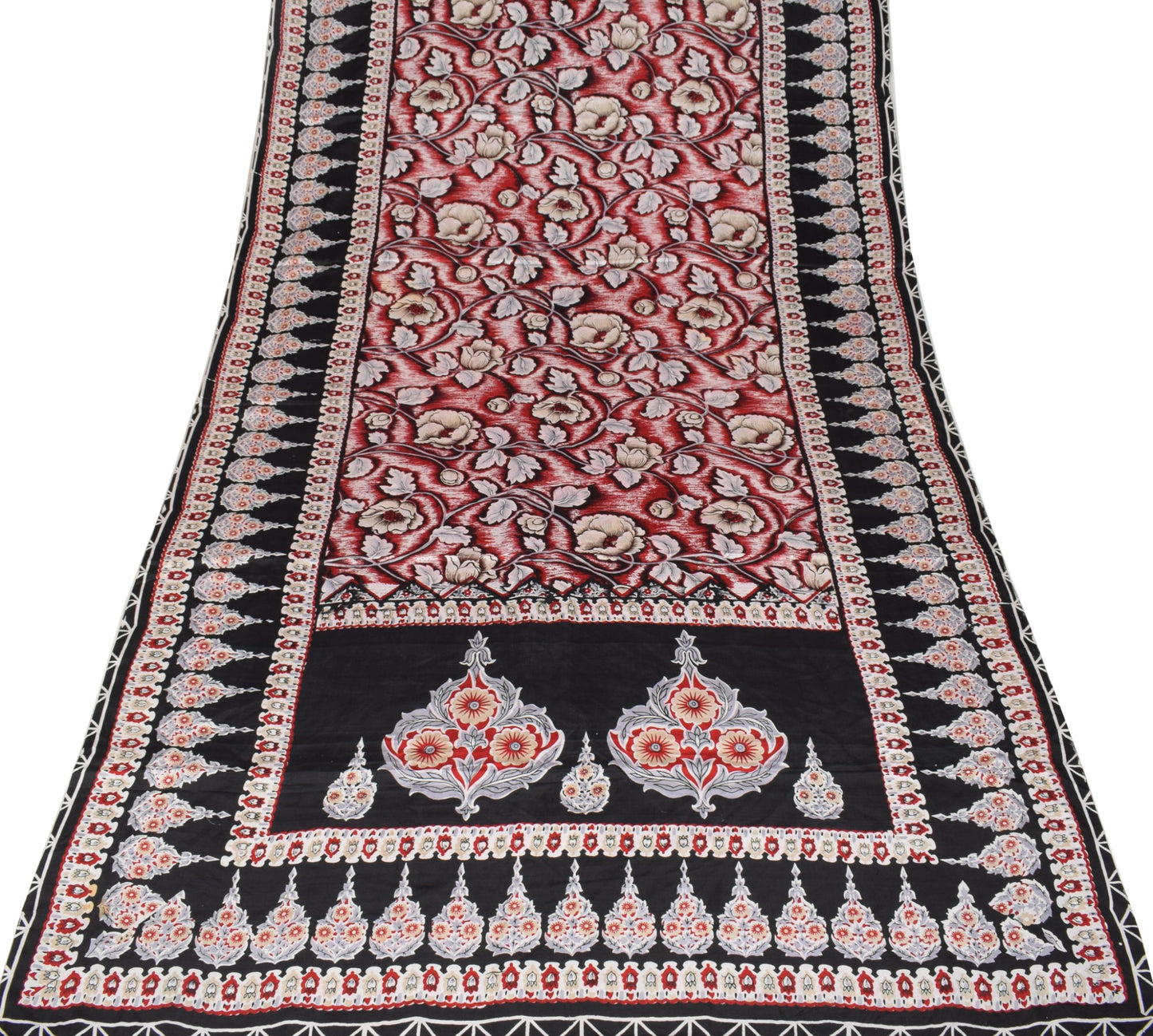 Sushila Vintage Black Red Bollywood Saree Pure Satin Silk Printed Soft Fabric