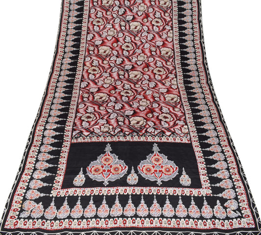 Sushila Vintage Black Red Bollywood Saree Pure Satin Silk Printed Soft Fabric