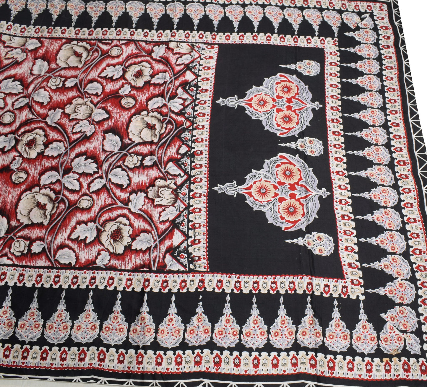 Sushila Vintage Black Red Bollywood Saree Pure Satin Silk Printed Soft Fabric