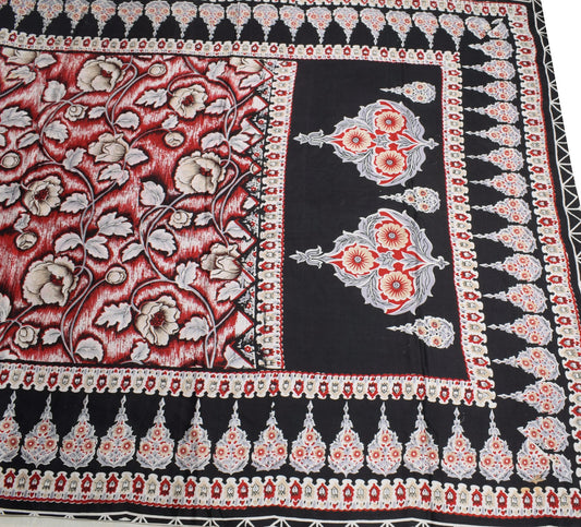 Sushila Vintage Black Red Bollywood Saree Pure Satin Silk Printed Soft Fabric