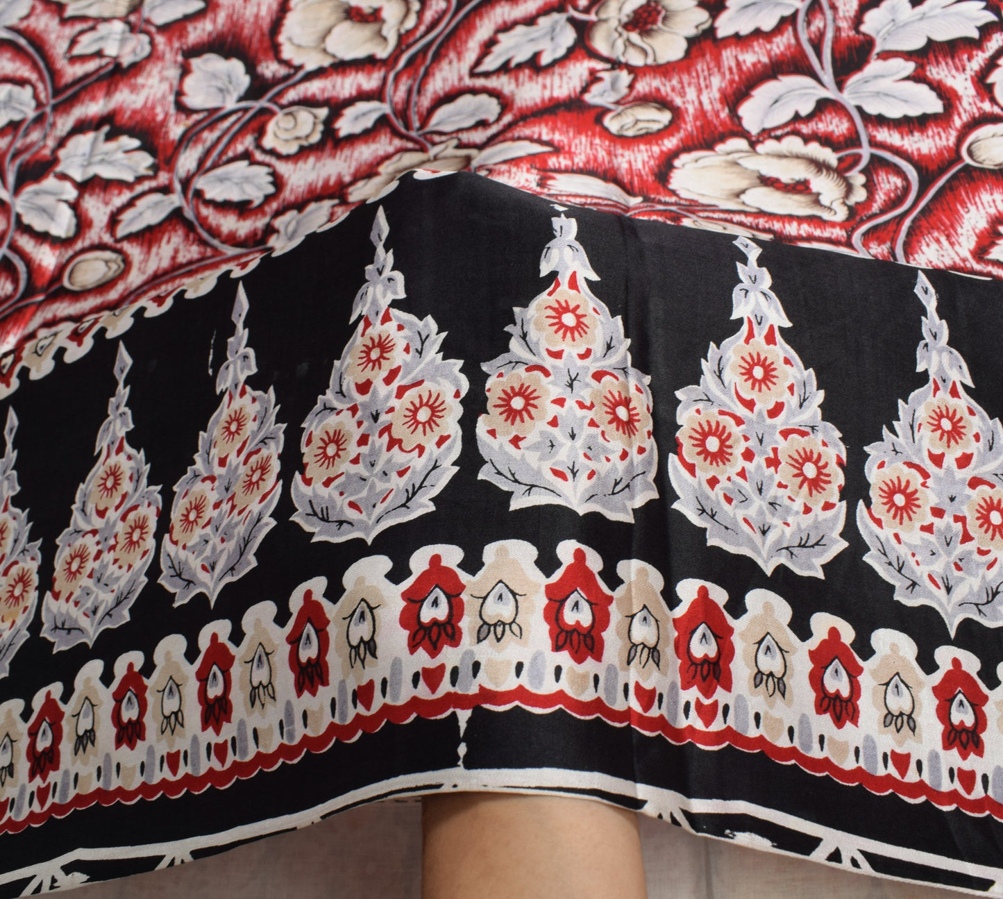 Sushila Vintage Black Red Bollywood Saree Pure Satin Silk Printed Soft Fabric