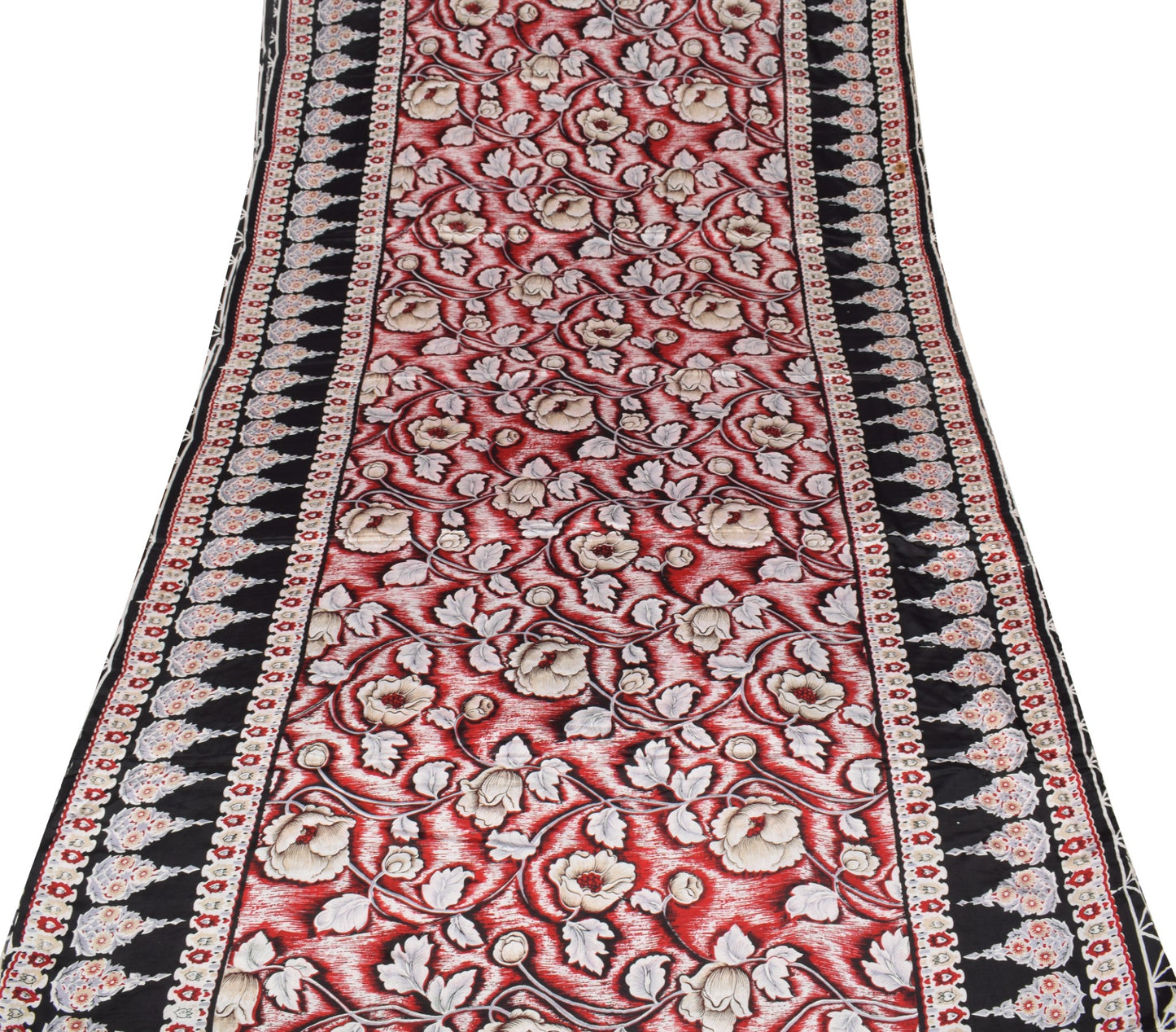 Sushila Vintage Black Red Bollywood Saree Pure Satin Silk Printed Soft Fabric