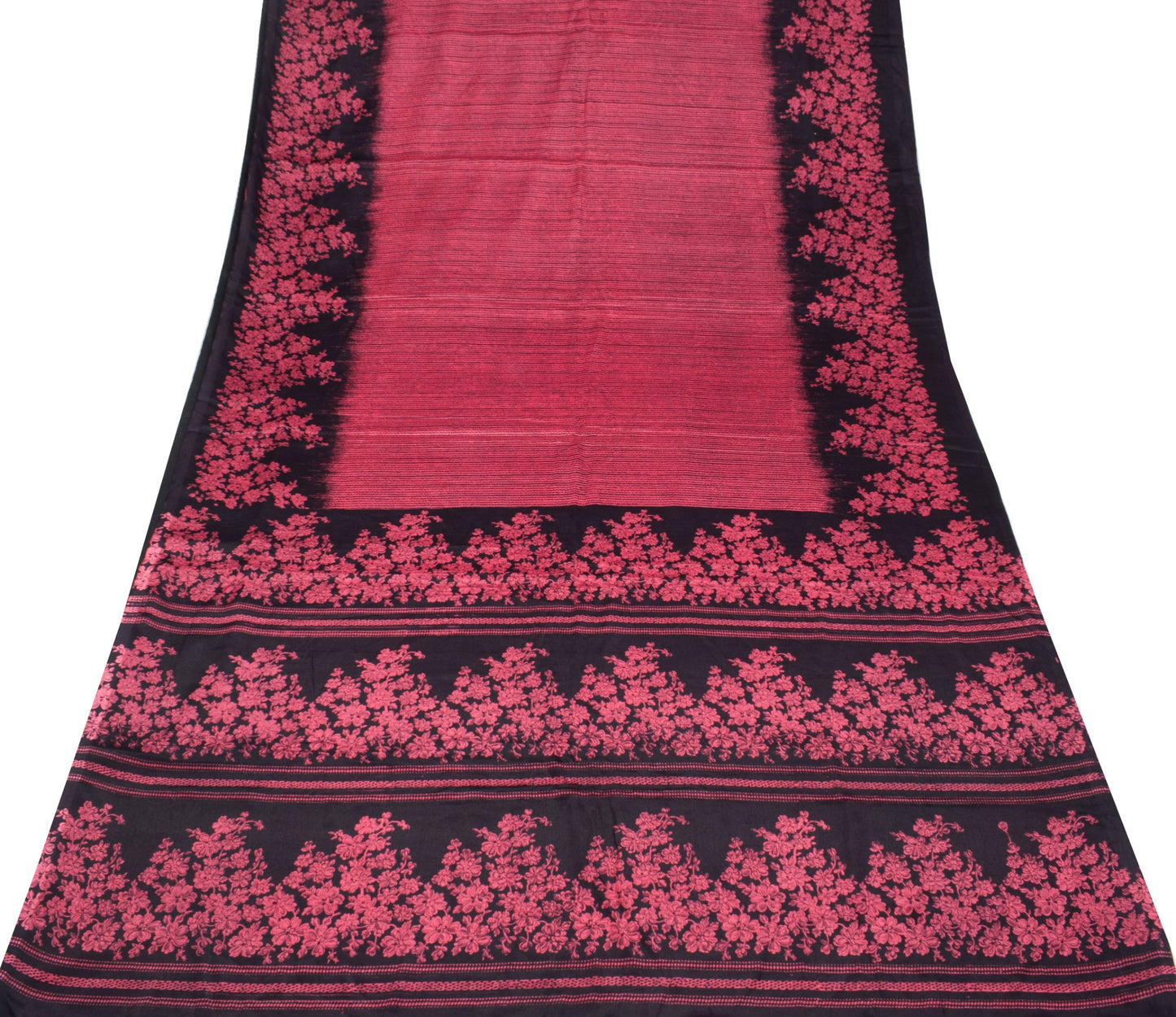 Sushila Vintage Pink Black Saree Pure Silk Printed Floral Sari Soft Craft Fabric