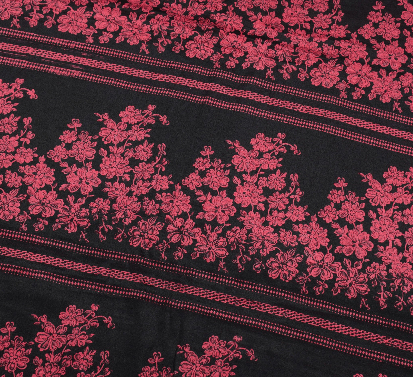 Sushila Vintage Pink Black Saree Pure Silk Printed Floral Sari Soft Craft Fabric