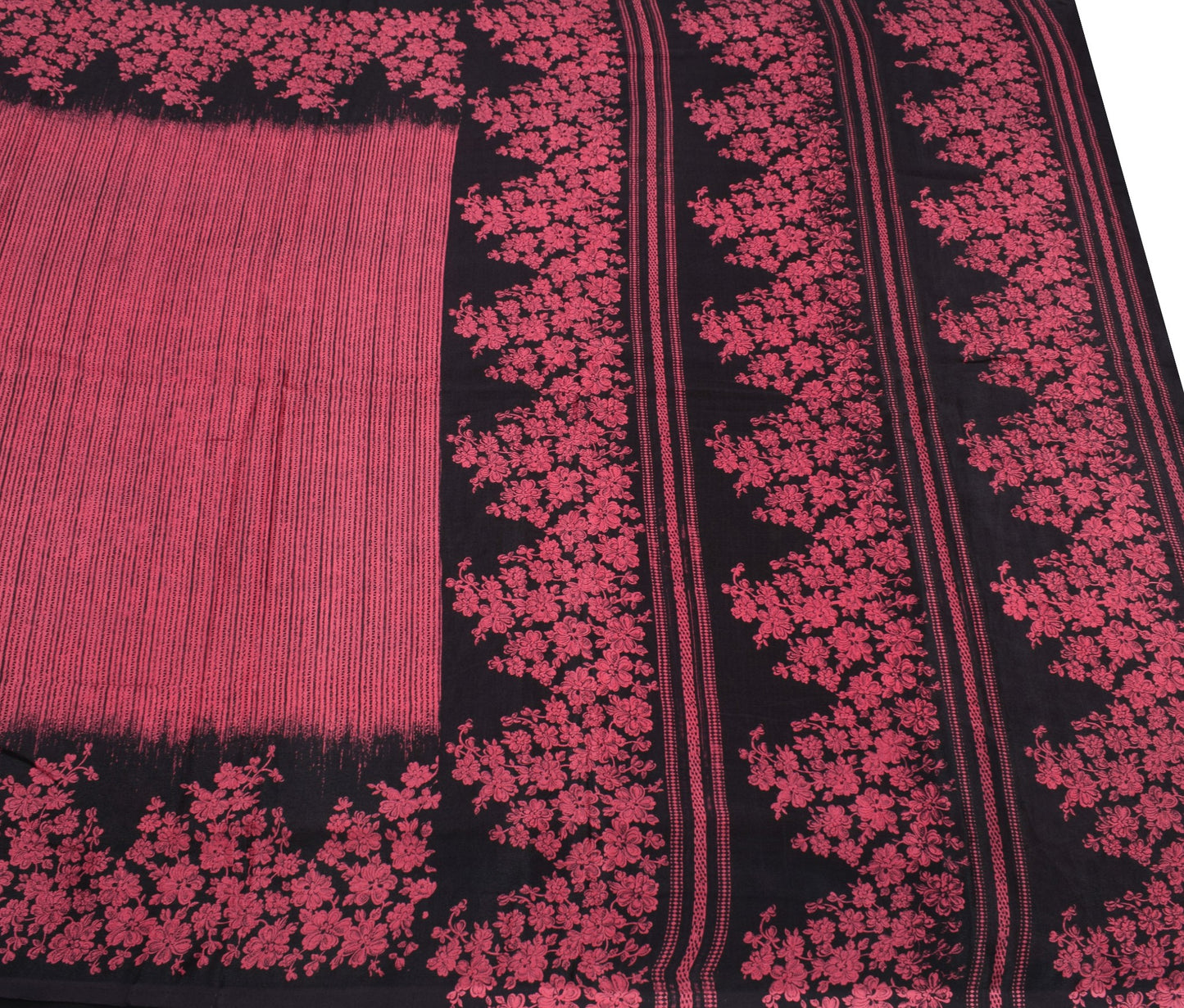 Sushila Vintage Pink Black Saree Pure Silk Printed Floral Sari Soft Craft Fabric